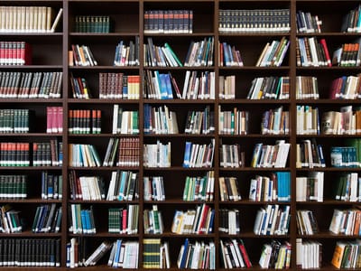Grosses, dunkles Bücherregal mit vielen Büchern von oben bis unten